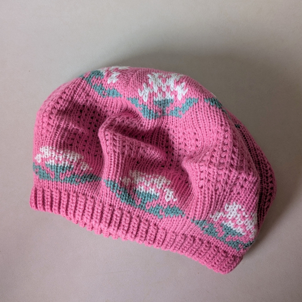 80s Vintage Knit Beret Fair Isle Winter Hat Pink White Flower Beanie Cap Tam - Picture 6 of 16